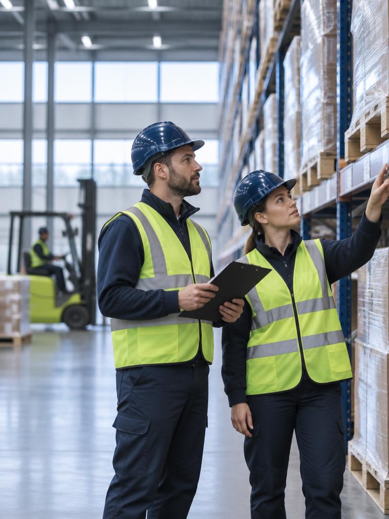 Two warehouse workers in hard hats and safety vests inspecting stock in a distribution center